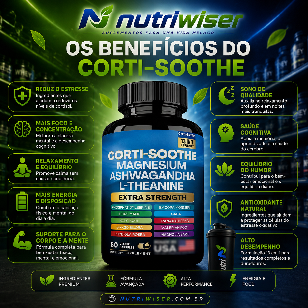 Corti-Soothe 13 em 1 - Foco - Relaxamento e Controle do Estresse - Extra Strength