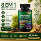 Suplemento Natural 8 em 1 - Musgo Marinho - Ashwagandha - Óleo de Semente Negra - Gengibre Força Extra 19445 mg