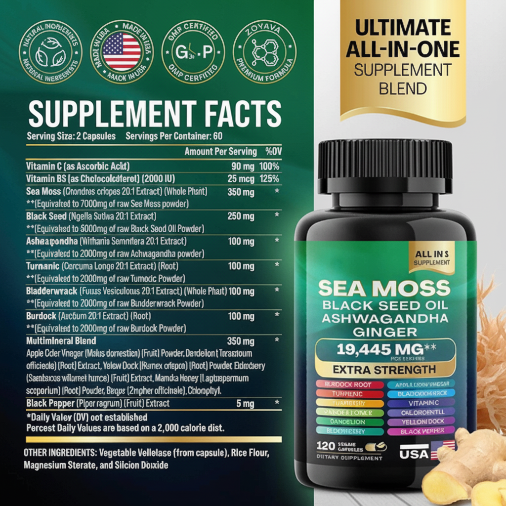Suplemento Natural 8 em 1 - Musgo Marinho - Ashwagandha - Óleo de Semente Negra - Gengibre Força Extra 19445 mg
