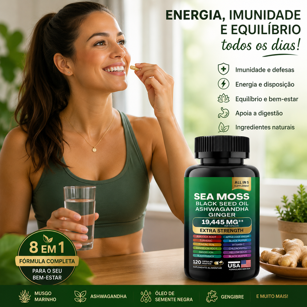 Suplemento Natural 8 em 1 - Musgo Marinho - Ashwagandha - Óleo de Semente Negra - Gengibre Força Extra 19445 mg